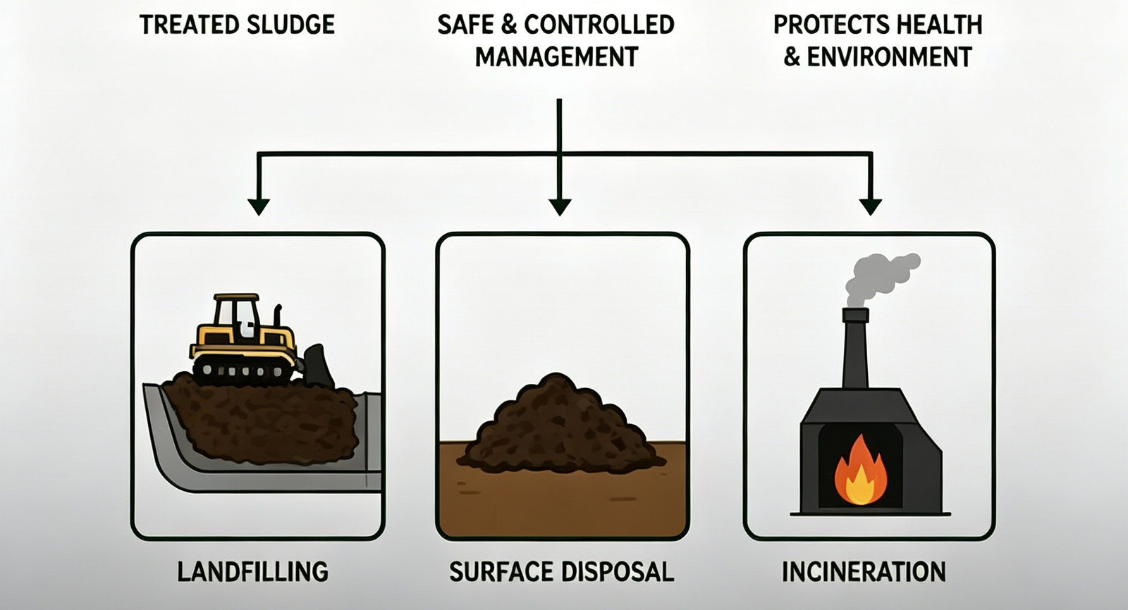Branching flowchart of dried sludge handling and resource recovery