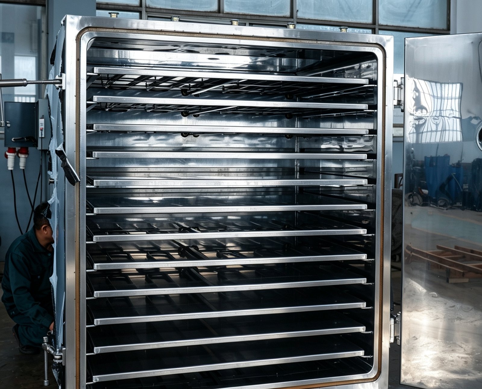 External hot-water connections on a JEXDRY GZF-48 vacuum tray dryer
