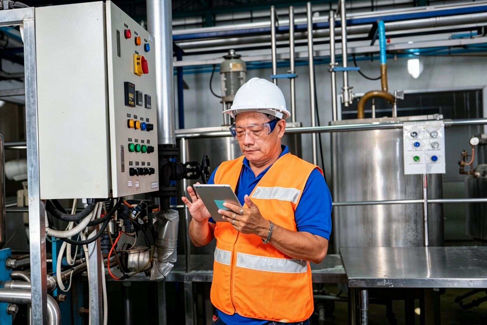 Engineer inspecting equipment during FAT