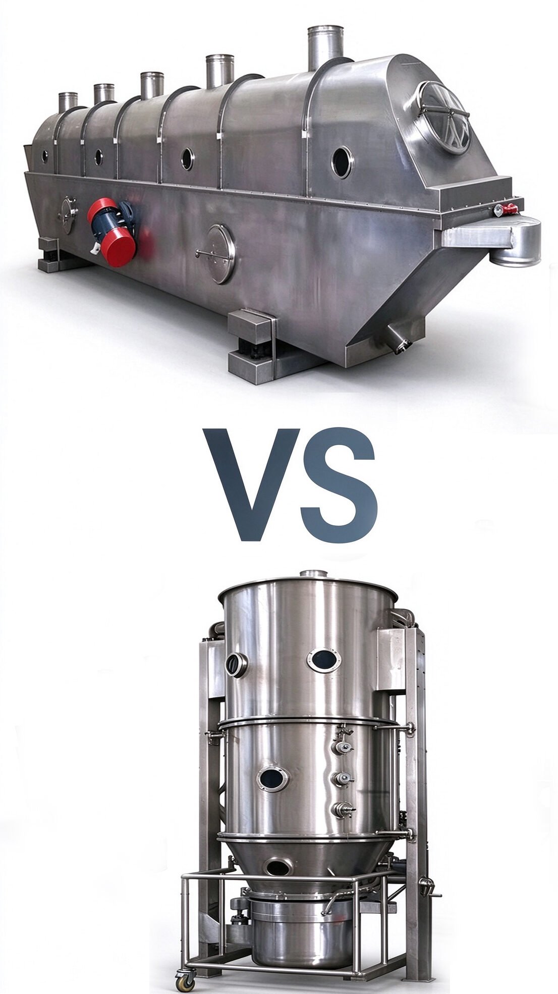 Schematic comparison: ZLG horizontal vibrating fluid bed with vibration motors and springs vs. XF boiling fluid bed with upward fluidizing airflow