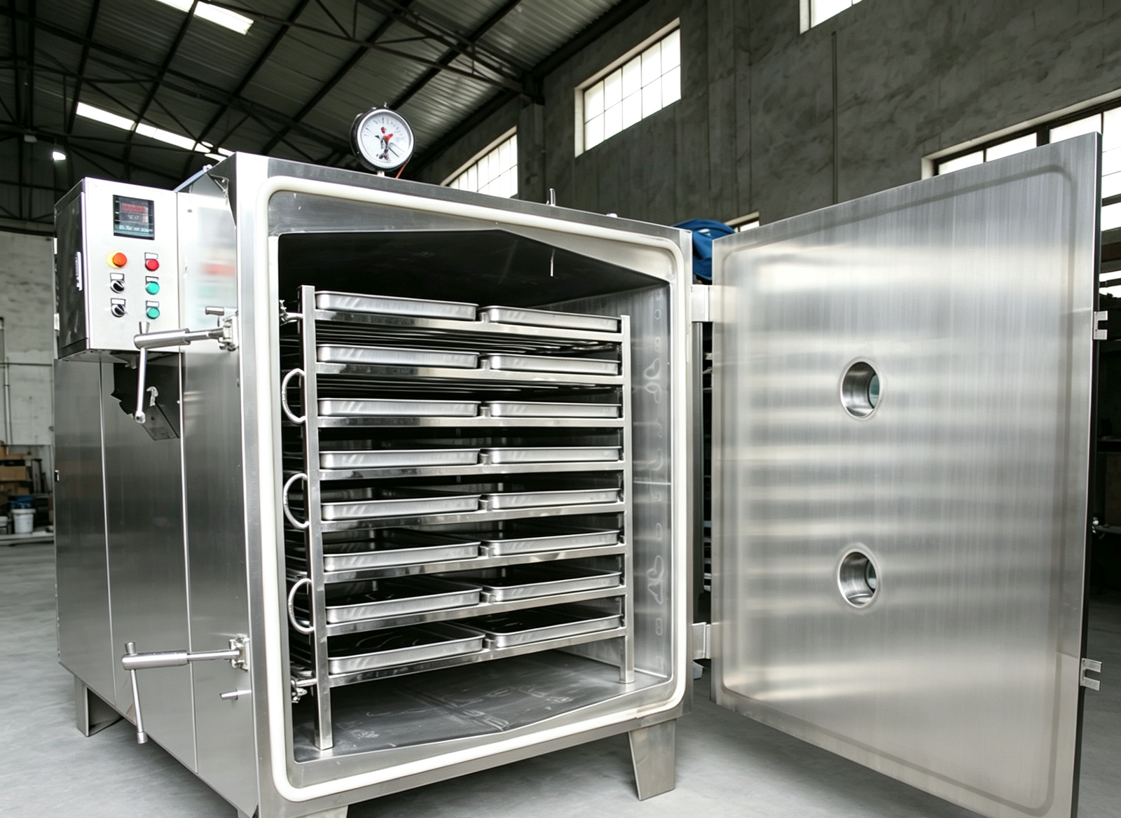 Vacuum Tray Dryer internal structure showing chamber, shelves, trays, and door