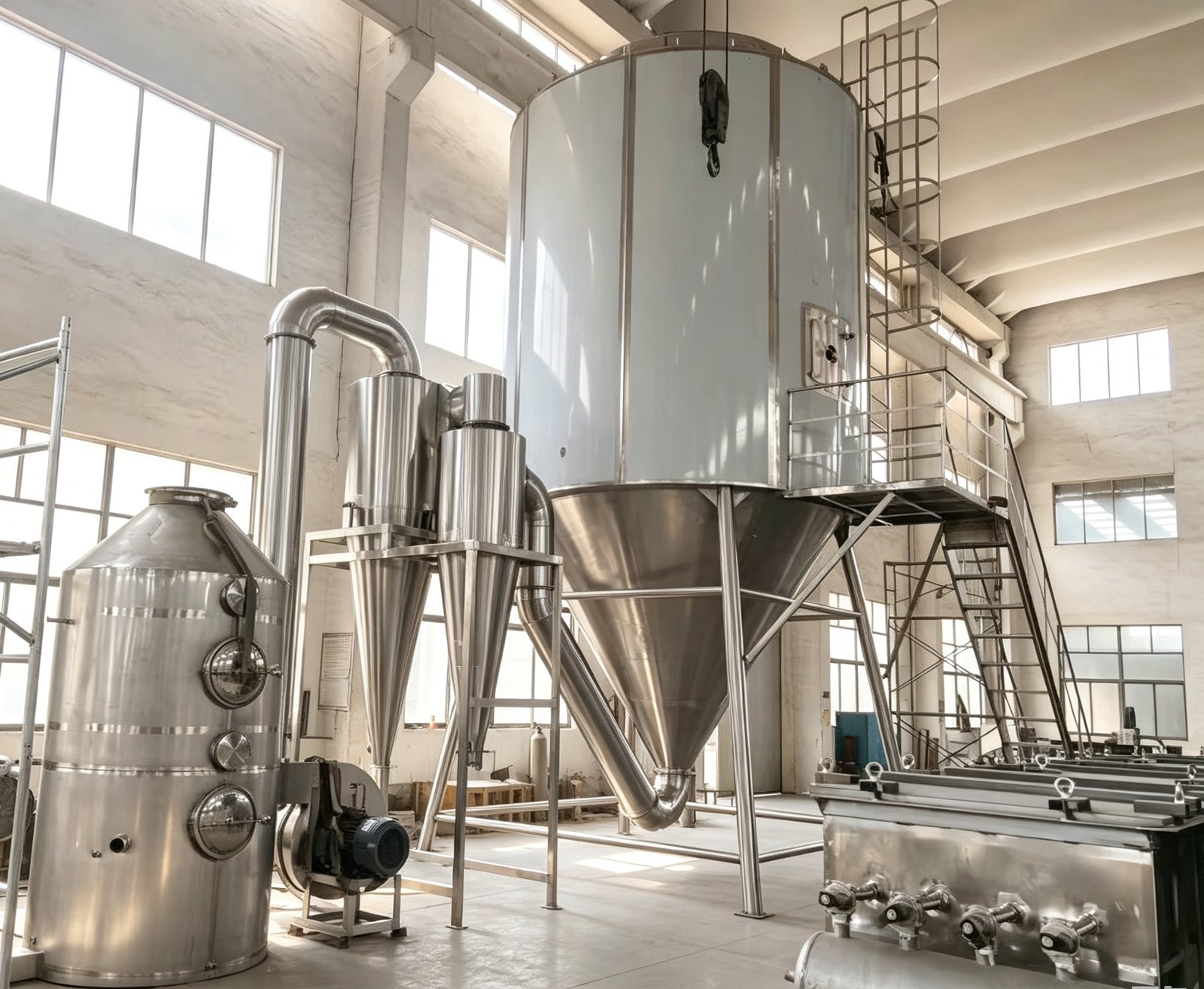 Industrial spray dryer cross section showing atomization, drying and powder collection