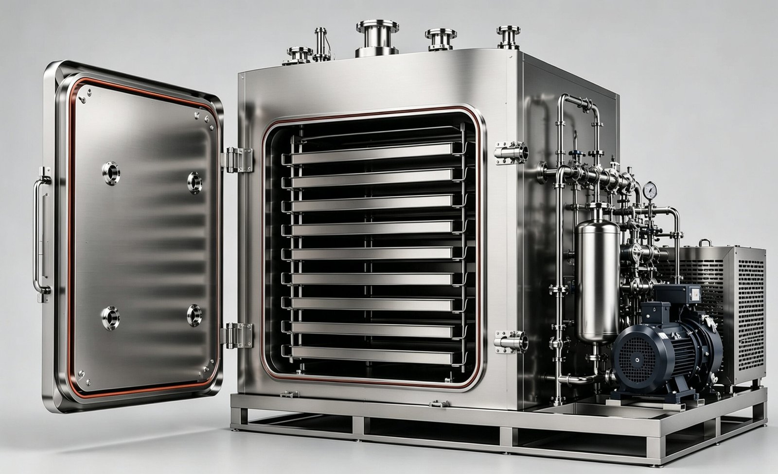 Annotated open-door view of a vacuum tray dryer showing internal shelves