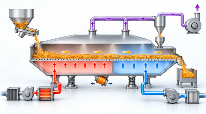 Schematic of an extended vibrating fluid bed with a Drying Zone in the first half and a Cooling Zone in the second half