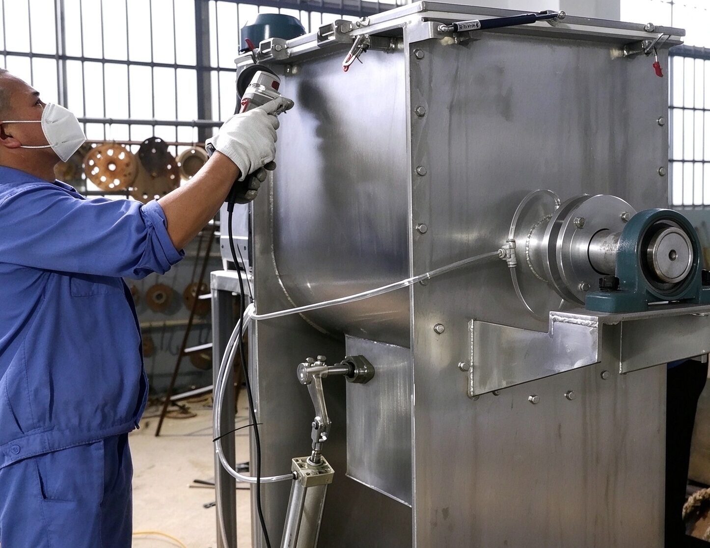 Operator inspecting the open trough of a ribbon blender