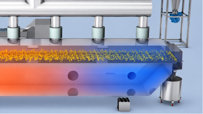 Cooling section integrated in fluid bed