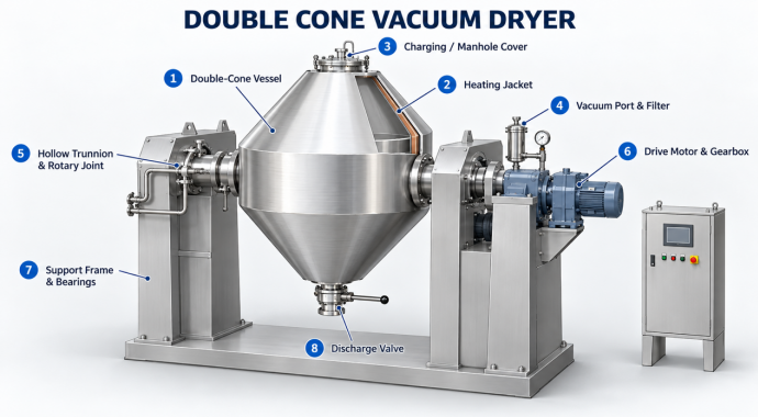 Double cone vacuum dryer principle showing indirect heating, tumbling and vapor removal