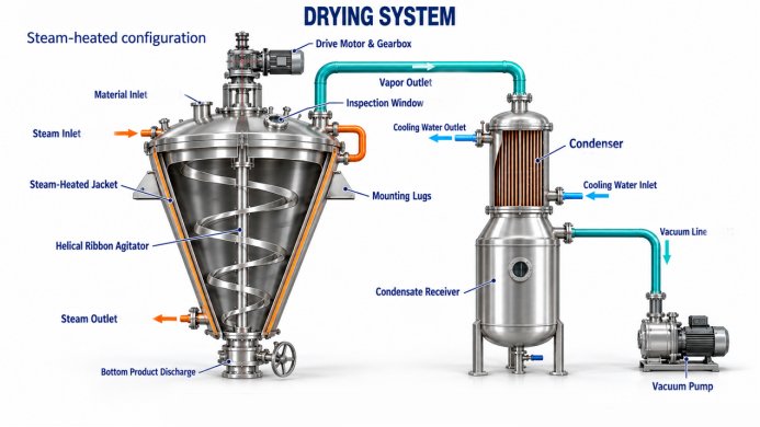 Conceptual cross-section of a conical vacuum dryer highlighting jacket, agitator, and vapor outlet