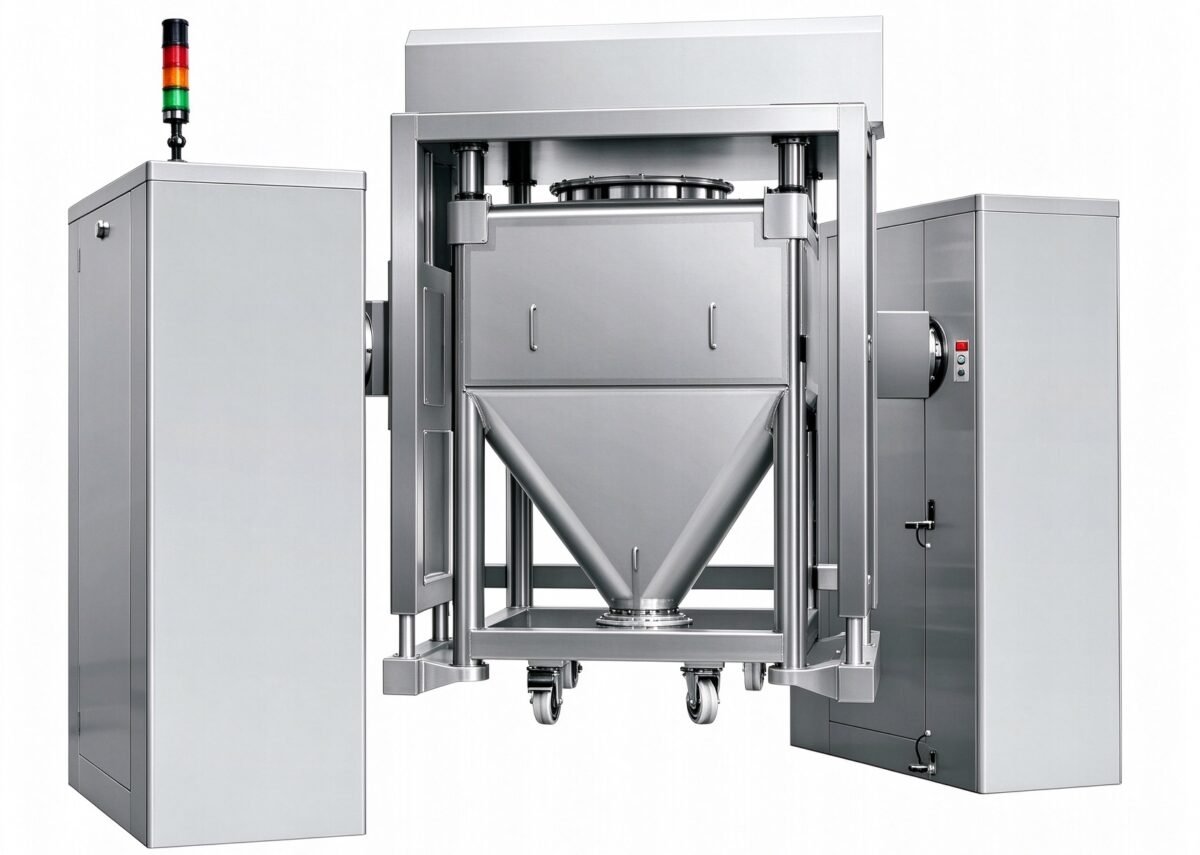 Automatic Lifting Bin Blender structure showing hydraulic lift columns