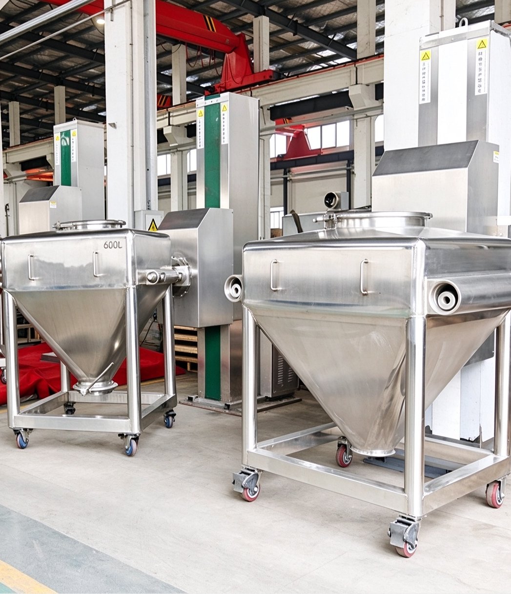Detailed view of bin blender clamping mechanism and polished stainless steel surface