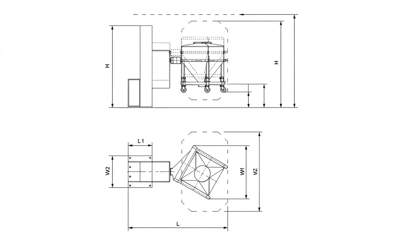 Schematic drawing showing bin blender installation footprint and rotation clearance