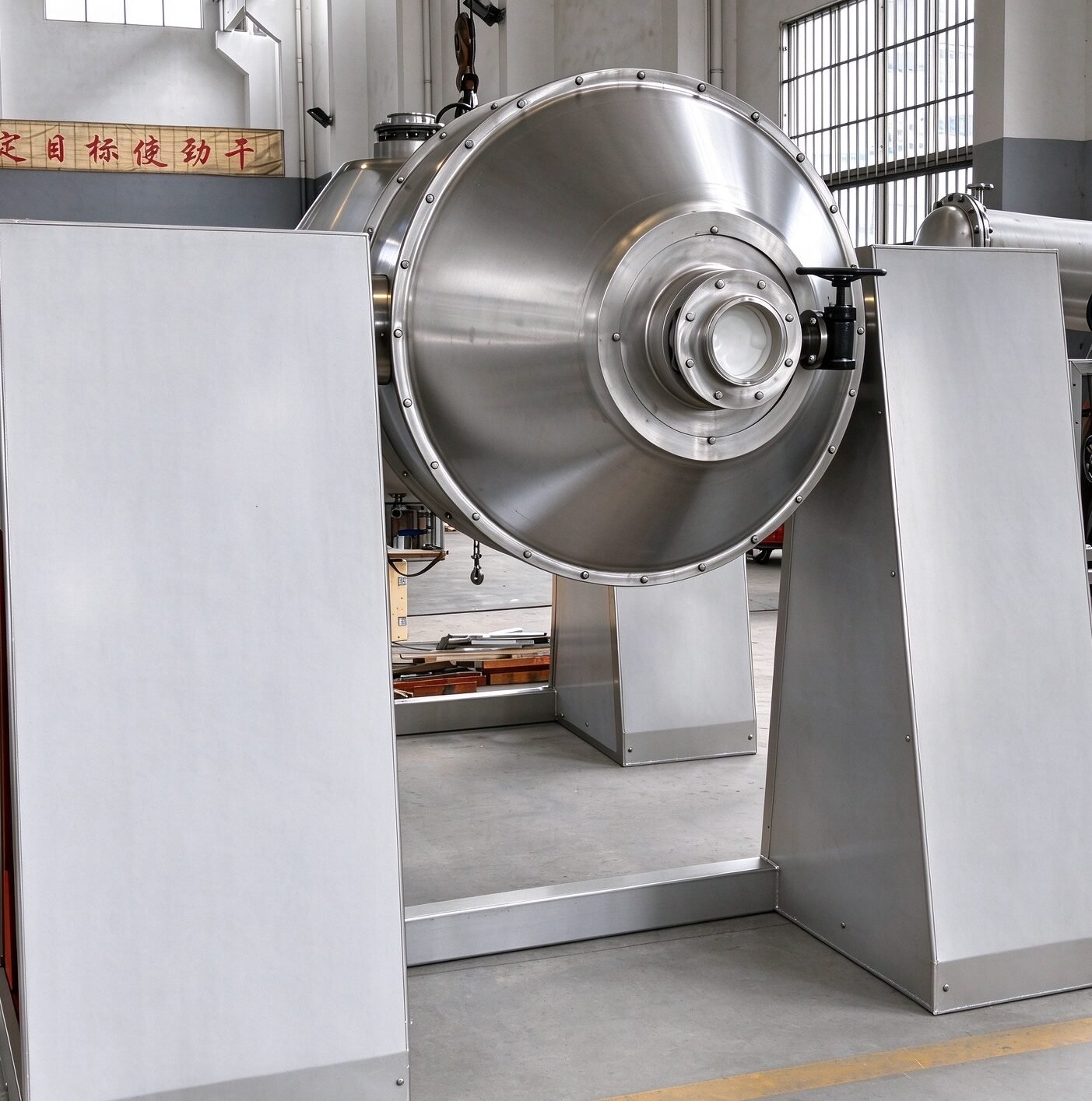 Completed stainless steel double cone vacuum dryer in the JEXDRY workshop in Changzhou, China
